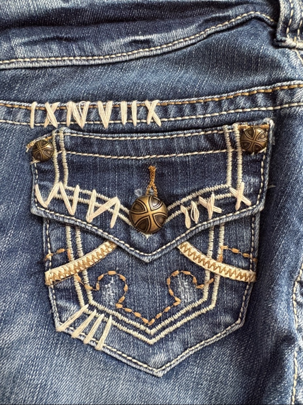 Antique Rivet Low-Rise Cotton Blue Flare Jeans with Subtle Distress - Picture 3 of 12